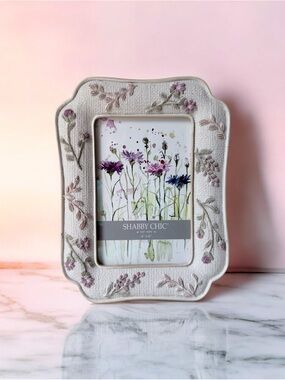 Shabby Chic Cream Frame with Pink and Green Embroidery 4”x6” photo